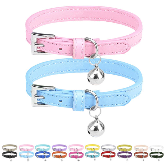 PUPTECK 2 PCS Soft Genuine Leather Cat Kitten Collar with Bells Adjustable for Girl Boy Cats Puppy - Pink, Blue
