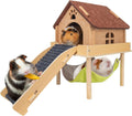 BESNEW 3 in 1 Enlarged Guinea Pig Hammock,Wooden Guinea Pig Hideout with House & Platform & Stairs Small Animal Toys for