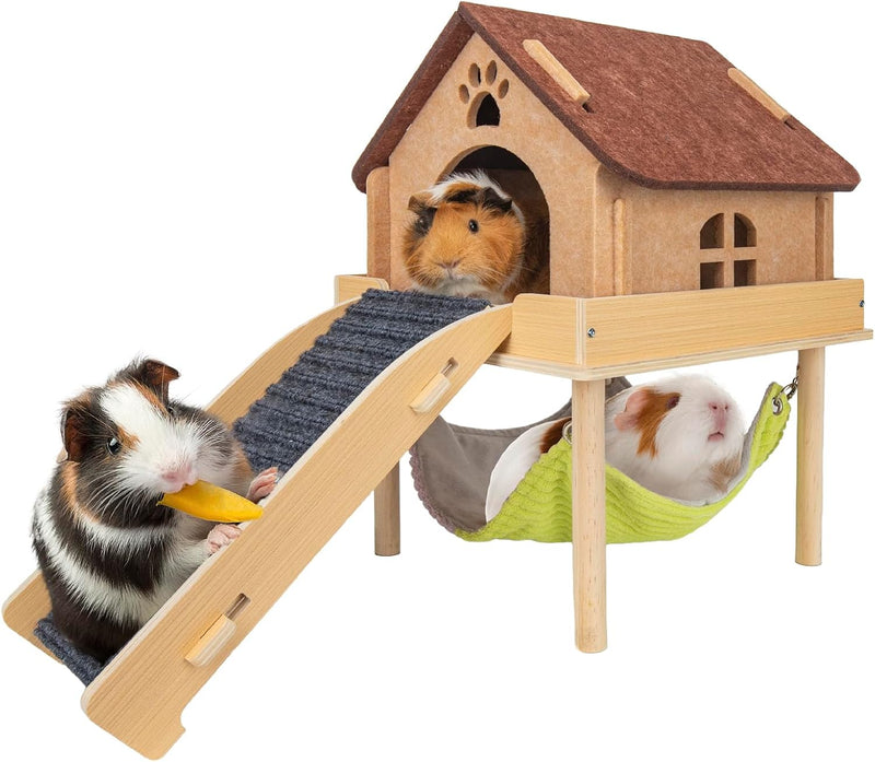 BESNEW 3 in 1 Enlarged Guinea Pig Hammock,Wooden Guinea Pig Hideout with House & Platform & Stairs Small Animal Toys for