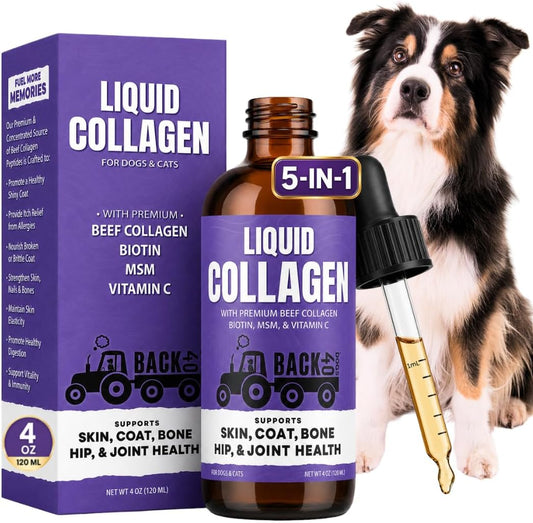 Back 40 Dogs Premium Grass-Fed Liquid Collagen for Dogs Skin and Coat, Hips and Joints | Allergy Relief with Biotin, Vitamin C and MSM for Joint, Nails & Immunity | Made in USA