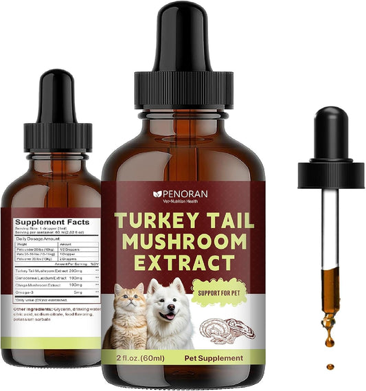 PENORAN Turkey Tail Mushroom Extract Drops for Dogs & Cats, Lipoma, Lumps, Bumps and Warts Treatment, Young Weak & Senior & Low-Vitality & Post-Surgery Pets - Liquid Extract Absorbs Quickly