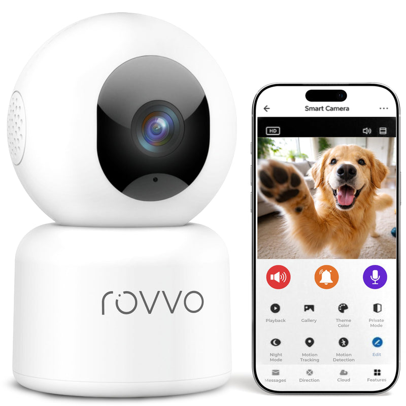 Rovvo 2K HD Pet Camera - 360° Smart Puppy Monitor with 5GHz & 2.4GHz Dual-Band WiFi, Smart Motion Tracking, 2-Way Audio, Night Vision, Indoor Camera for Dogs & Cats, Works with Phone App.