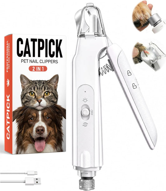 2-in-1 Dog & Cat Nail Clipper with Grinder - Dual Highlight LED Reduce Over-Trimming, Long Battery Cordless USB-C Rechargeable, Safety Lock & Catcher Cap, Quiet Home Grooming for Small Large Pets