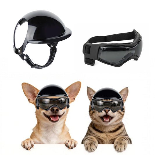 PETLESO Extra Small Dog Helmet and Dog Goggles Set, XS Pet Safety Hat with Ear Holes, Anti-UV Pet Sunglasses, Head & Eyes Protection for Puppy and Adult Cats, Black