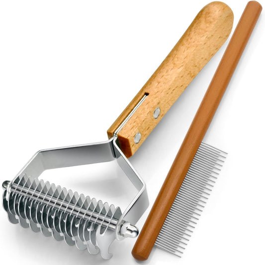 Dematting Comb for Dogs and Cats, Mat Remover and Deshedding Grooming Tool, Safe Detangler for Matted Fur, Double Sided Undercoat Rake for dogs