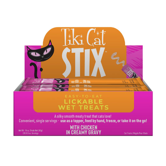 Tiki Cat Stix Mousse Treats, Single Serve Indulgent Lickable Treat or Dry Food Topper, with Chicken in Creamy Gravy, 0.5 oz. Servings (20 Count)