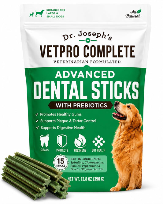 VetPro Complete Dr. Joseph's Advanced Dental Sticks with Prebiotics, 15 Sticks, Cleans Teeth, Freshens Bad Breath, and Supports Gut Health, Target Tartar and Plaque Build Up, Veterinarian Formulated