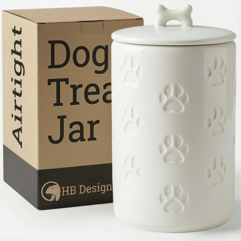 Dog Treat Container Airtight - 5 Inch Wide x 9 Inch Tall Ceramic Dog Treat Jar for Kitchen Counter with Airtight Lid - 7 Cup Capacity Pet Treat Container - Cute Doggie Cookie Jar - Big Treats Canister