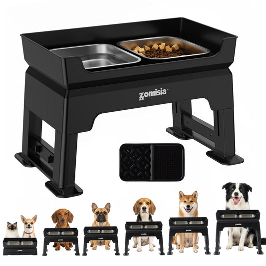 ZOMISIA 3-in-1 Elevated Dog Bowls - 6 Height Adjustable Raised Dog Bowl Stand, Double Deck Design Mess Proof, Feeding Station with 2 Stainless Steel Bowls & Licking Plate for Small Medium Large Pets