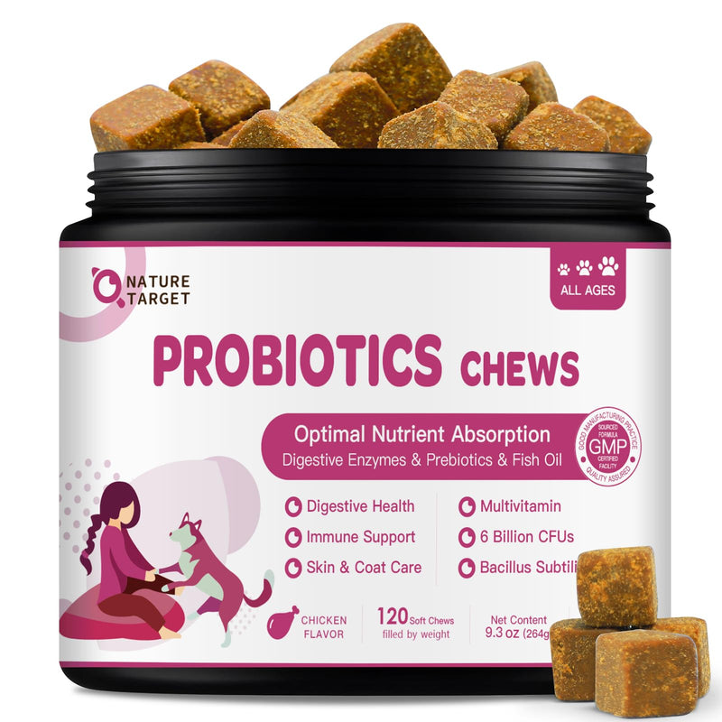 NATURE TARGET Probiotics for Dogs & Digestive Enzymes for Digestive Health - Plus Fish Oil & Vitamins Supplement for Allergies & Immune & Itchy Skin, 120 Chicken Flavor Probiotic Soft Chews