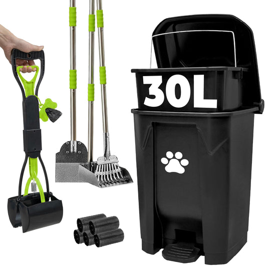 AXINCANAAN 30L Pooper Scooper with Dog Poop Trash Can Outside, Heavy Duty Long Handle Dog Pooper Scooper with Bags, Outdoor Dog Waste Trash Can with Lid, Metal Rake Tray Bin Set for Yard