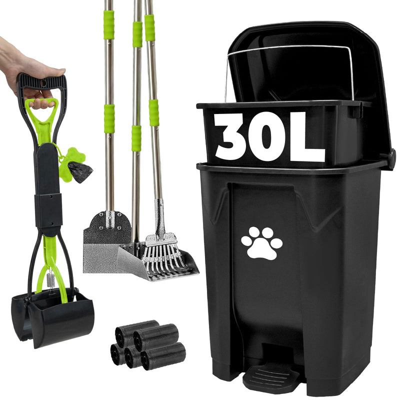 AXINCANAAN 30L Pooper Scooper with Dog Poop Trash Can Outside, Heavy Duty Long Handle Dog Pooper Scooper with Bags, Outdoor Dog Waste Trash Can with Lid, Metal Rake Tray Bin Set for Yard