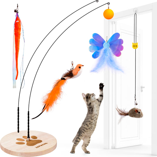 JXFUKAL Interactive cat Toy, Automatic Cat Wand Toy with Stable Wooden Base, 2 PCS Detachable Cat Teaser, 5PCS Refills Replacement & Hanging Elastic String, Kitty Kitten Toys Feather Spring Bird Toy