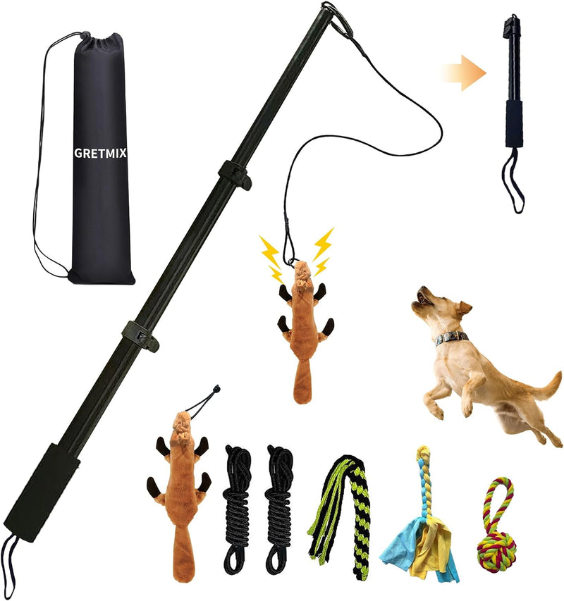 GRETMIX Flirt Pole for Dogs, Interactive Dog Toys Extendable Teaser Wand with Lure Chewing Toy, Chase and Tug of War for Small Medium Large Dogs Training Playing Exercise