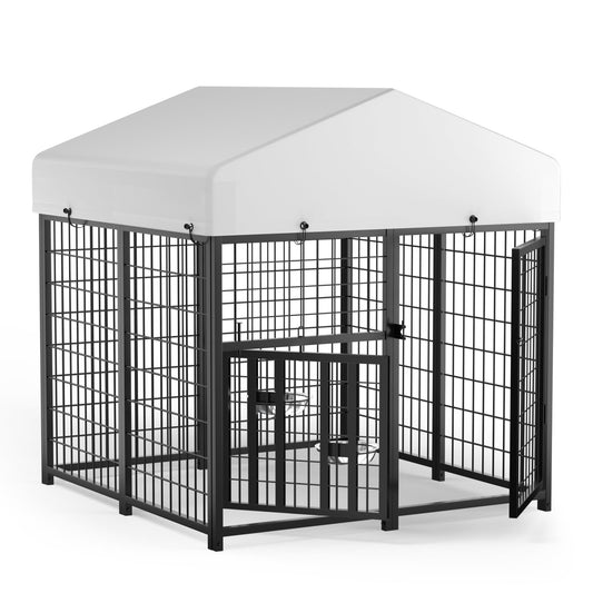 LOVMOR Outdoor Dog Kennel with Roof, Heavy Duty Steel Dog Run Enclosure for Small Dogs, Waterproof Canopy, Double Latch Door, Adjustable Feeding Bowls, Pet Pen for Yard and Patio, 4’L x 4’W x 4.25’H