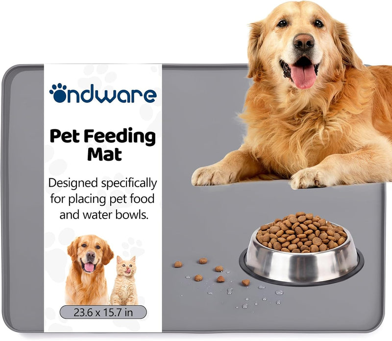Dog Food Mat, 23.6 x 15.7in Silicone Dog Bowl Mat, Pet Feeding Mat, Gray
