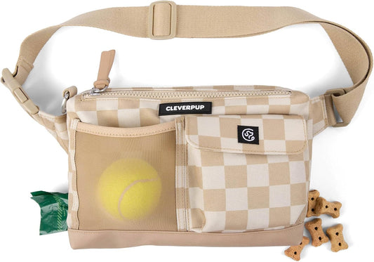 Cleverpup Walk & Train 2-in-1 Dog Walking Bag - Hands-Free Training Crossbody Sling & Fanny Pack with Treat Pouch, Poop Bag Holder, Phone Pockets - Adjustable Waist or Shoulder Strap - Checkerboard