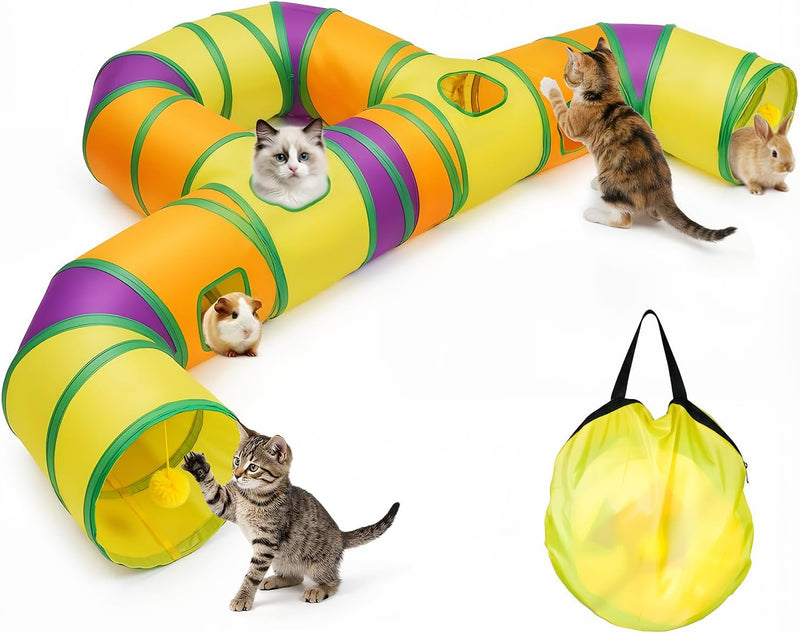 Cat Tunnel for Indoor Cats Large, Collapsible Cat Playhouse Pet Play Tunnel Tube Maze with Hanging Pom-Poms and Interact