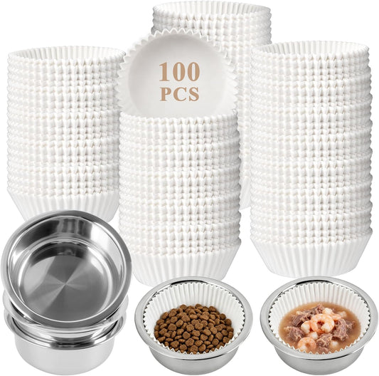 Supkiir Disposable Cat Bowls Set, 1000 Pcs Paper Cat Feeding Bowl Liners and 5 Pcs Stainless Steel Pet Bowls, Small Paper Disposable Pet Food Bowl for Small Dogs Cats, Puppy Kitten and Dry or Wet Food