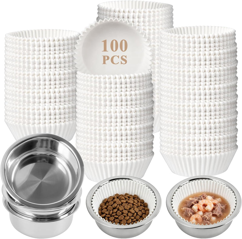 Supkiir Disposable Cat Bowls Set, 1000 Pcs Paper Cat Feeding Bowl Liners and 5 Pcs Stainless Steel Pet Bowls, Small Paper Disposable Pet Food Bowl for Small Dogs Cats, Puppy Kitten and Dry or Wet Food