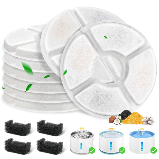 12 Pack Cat Water Fountain Filter, 8 Pcs Cat Fountain Filters Replacement Dia is 5" & 4 Pcs Pre-Filter Sponges for 81oz / 2.4L Round Automatic Pet Water Fountain Dog Dispenser, 3-Filtration System