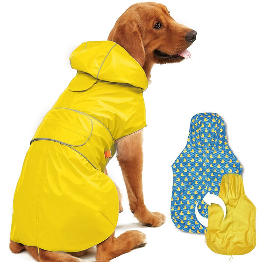 Kimee Dog Raincoat Reversible, Single Side Slicker Poncho Adjustable Waterproof Dog Rain Jacket with Leash Hole/Reflective Stripe Hooded Snowproof Windproof Clothes for Small to 3X-Large Dogs, L