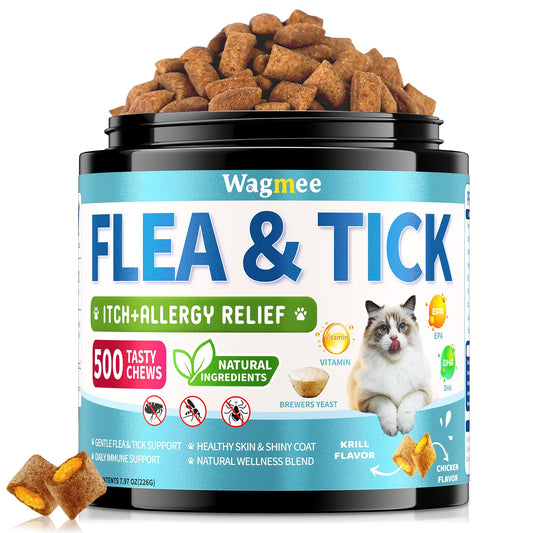 Natural Cat Flea Treatment Chewables – 500 Crunchy & Creamy Tasty Chews, Flea and Tick Prevention for Cats with Skin & Coat Support, Oral Flea & Tick Supplement & Allergy Relief for Cats, Chicken