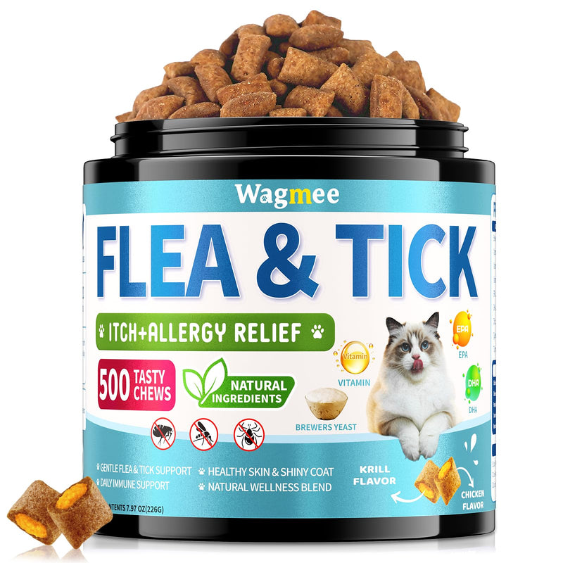 Natural Cat Flea Treatment Chewables – 500 Crunchy & Creamy Tasty Chews, Flea and Tick Prevention for Cats with Skin & Coat Support, Oral Flea & Tick Supplement & Allergy Relief for Cats, Chicken
