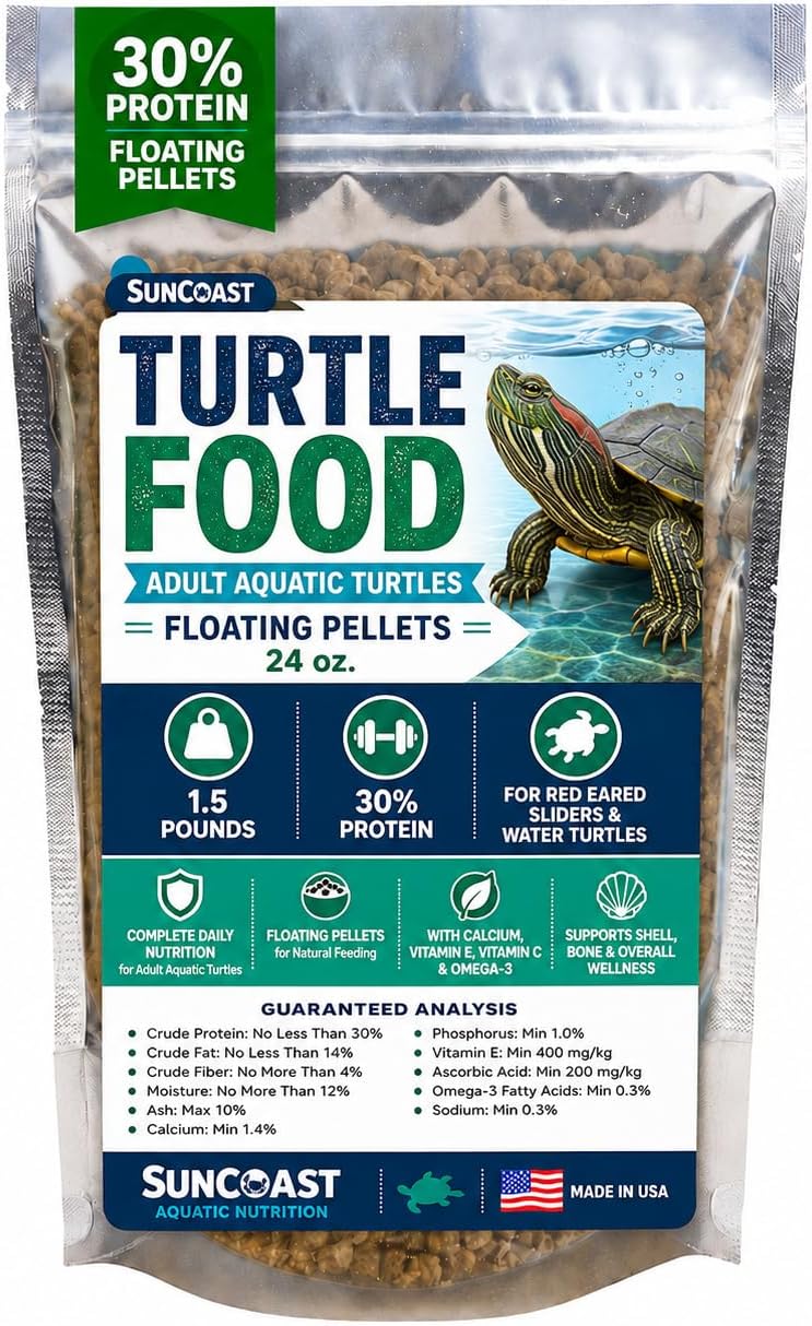 Suncoast Aquatic Turtle Food for Adult Turtles - Floating Pellets with 30% Protein, Calcium, Vitamin E, Omega-3 & Vitami
