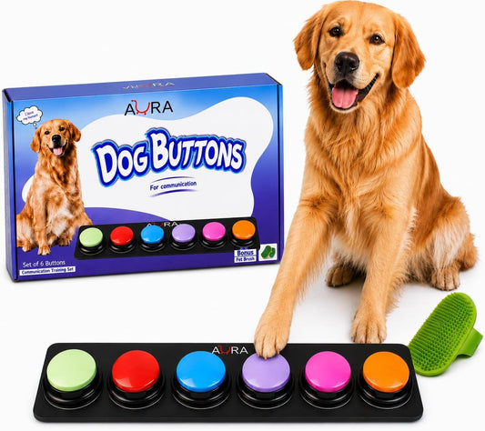 A-URA Dog Talking Buttons for Communication – 6 Recordable Dog Buttons with Anti-Slip Mat, Word Stickers, Training Guide & Video | Dog Communication Buttons for Potty Training, Daily Needs & Behavior