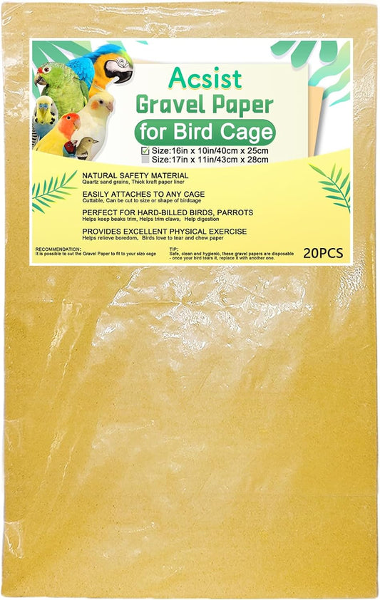 20PCS Gravel Paper for Bird Cage,16"x10" Cuttable Sand Paper Liners