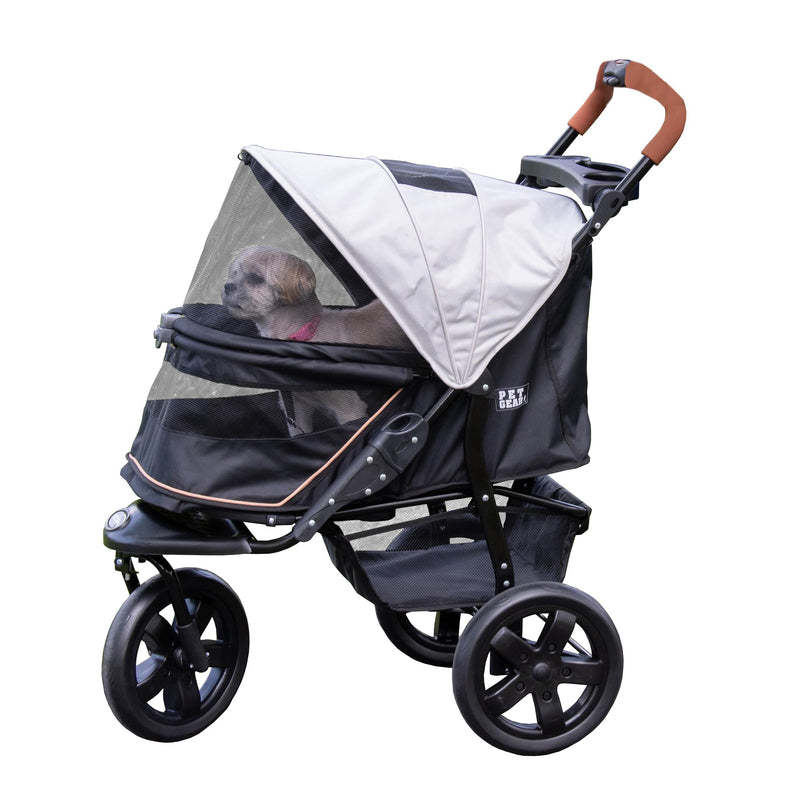 Pet Gear No-Zip AT3 Pet Stroller for Cats/Dogs, Zipperless Entry, Easy One-Hand Fold, Jogging Tires, Removable Liner, Cup Holder + Storage Basket, Platinum
