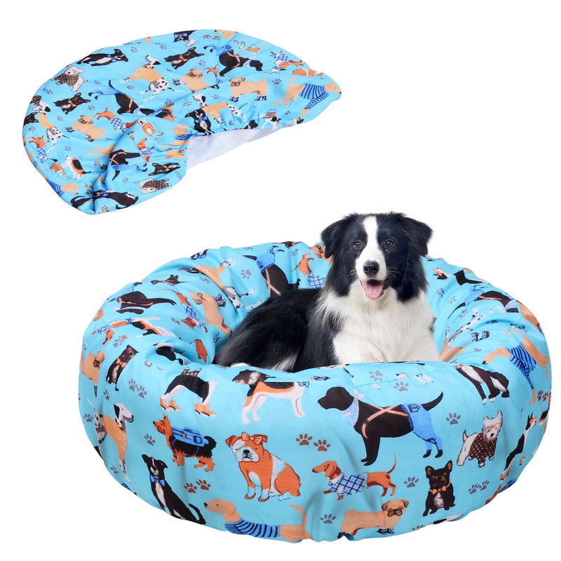 Hoopttay Round Replacement Dog Bed Covers Elastic Edged Washable Pet Bed Protector with Cute Dog Pattern Design for Small & Medium Pet Beds, Cover Only (Blue, 30×9.8 Inch)
