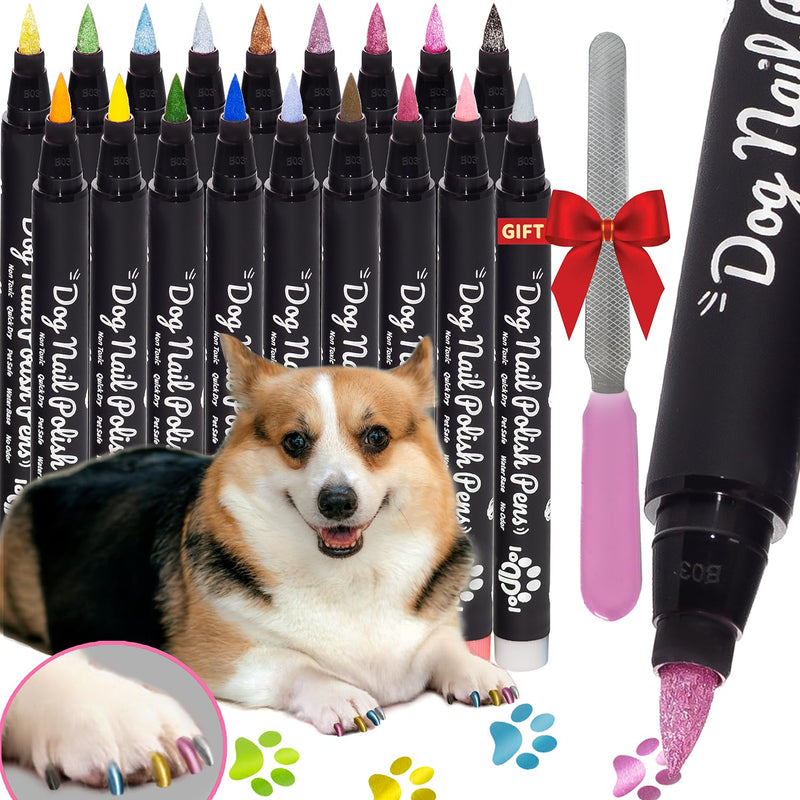 loqpol 18 Metallic & Matte Colors Dog Nail Polish Pens Quick Dry with Dog Nail File, Non Toxic Glitter Dog Safe Nail Polish, Easy to Apply Pet Safe Accessories for Small and Large Puppies