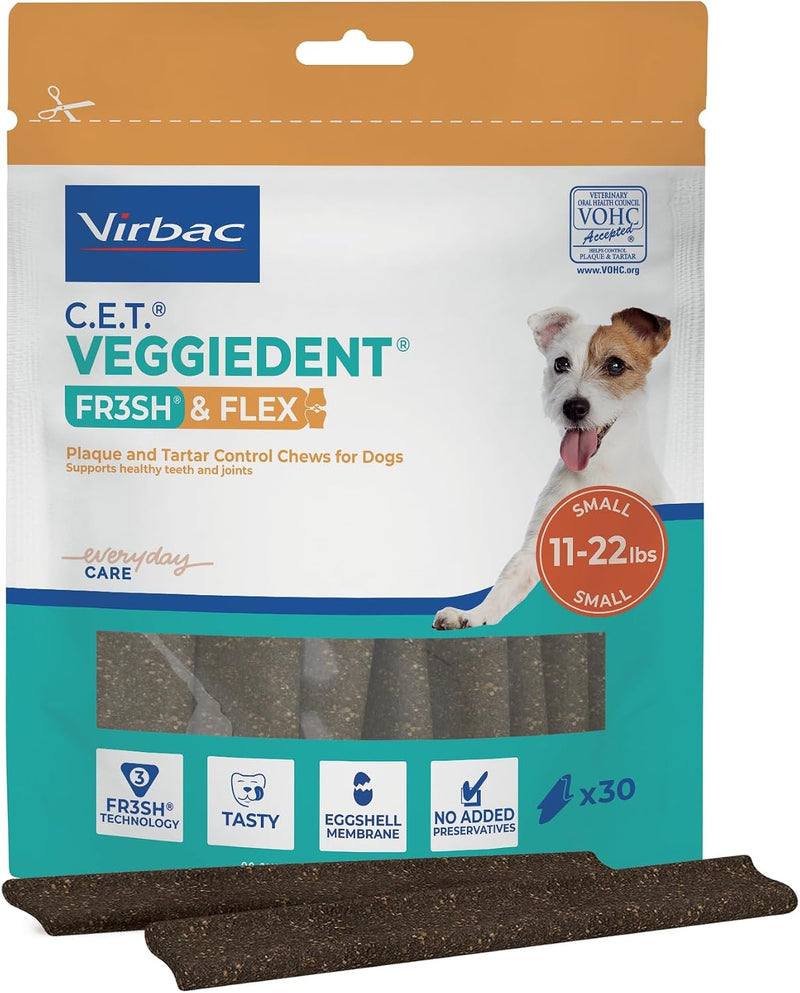 Virbac C.E.T.® VEGGIEDENT® Flex Tartar Control Chews for Dogs - Multifunctional to Support Joint Health, VOHC Approved - Small 11-22lbs