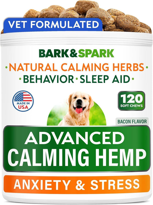 BARK&SPARK Advanced Calming Hemp Treats for Dogs - Hemp Oil + Melatonin - Anxiety Relief - Separation Aid - Stress Relie