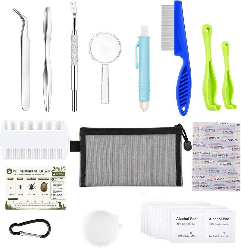 43Pcs Tick Removal Tool Set for Dogs, Cats and Pets, Stainless Steel Tick Tweezers, Tick Puller Hooks, Tick Card, Fine-T