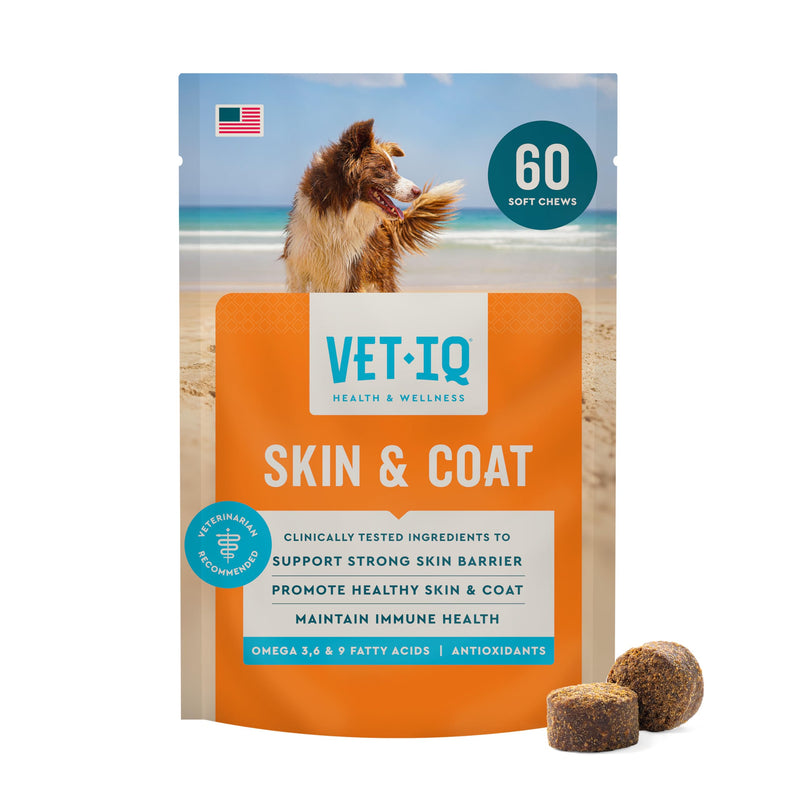 VetIQ Skin and Coat Supplement for Dogs, Helps Maintain Healthy Skin and Shiny Coat, Hickory Smoke Flavor Dog Chew, Made in the USA, 60 Count