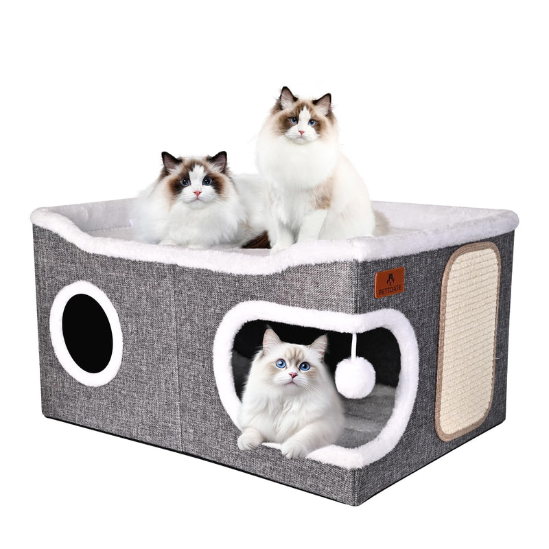 Extra Large Cat Beds for Indoor Cats, Covered Cat Cave Beds & Furniture with Scratch Pad and Fluffy Ball, Foldable Cat Condo Hideaway with Reversible Cushion for Multi Small Pet Large Kittens, Grey