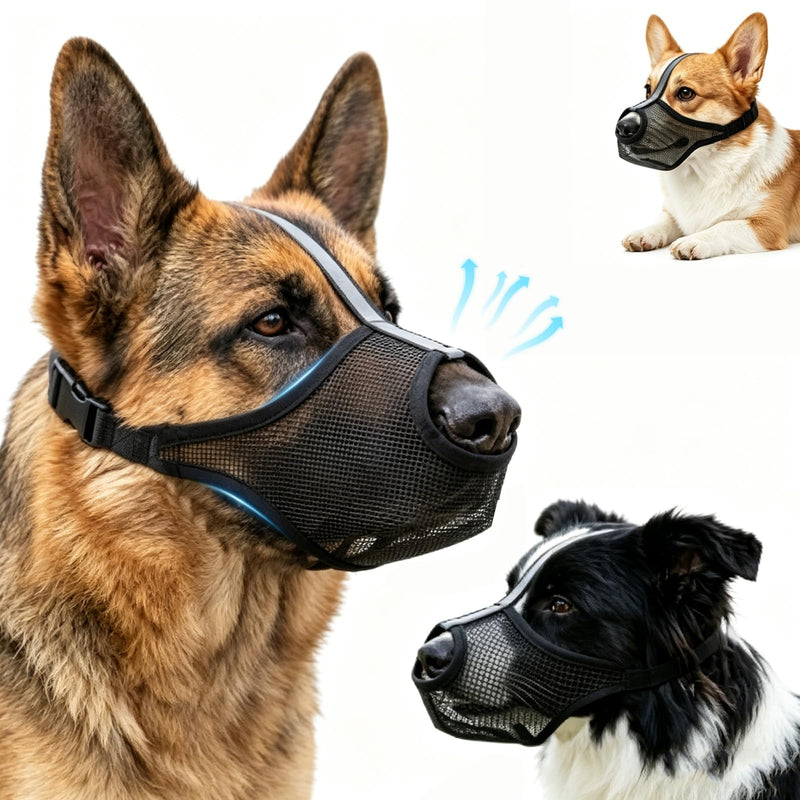Dog Muzzle for Small Medium Large Dogs – Anti-Scavenging T-Shaped Mesh, Prevents Biting, Barking & Eating | 1.2 oz Ultra-Lightweight Breathable Soft PVC Padded Mouth Guard with Luminous Strap