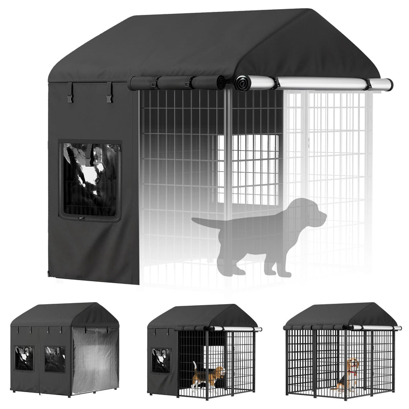 PawGiant Dog Kennel Cover Outdoor, Full Coverage Waterproof Tarp for 4x4x4.5ft Dog Crate with 600D Oxford Fabric, 4 Transparent Window & Door Curtains for Enclosure Outside, Small