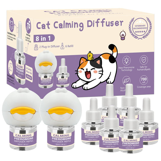 QUSUKO Cat Pheromone Calming Diffuser 8 in 1 Appeasing Pet Pheromones Diffuser to Calm Kit (2 Plug in+ 6 Pack 48ml Refill) for Anxiety