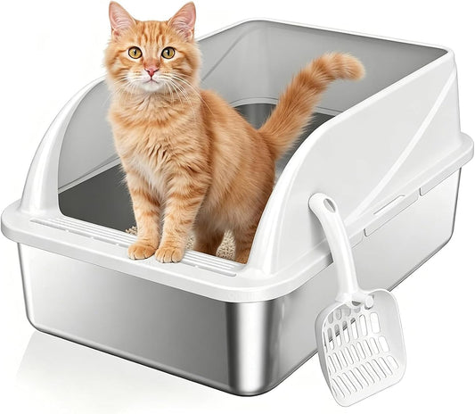OneBug Stainless Steel High Sides Cat Litter Box with Scoop, Open Top Litter Pan for Indoor Cats, Easy to Clean, Reduced Litter Scatter, Medium