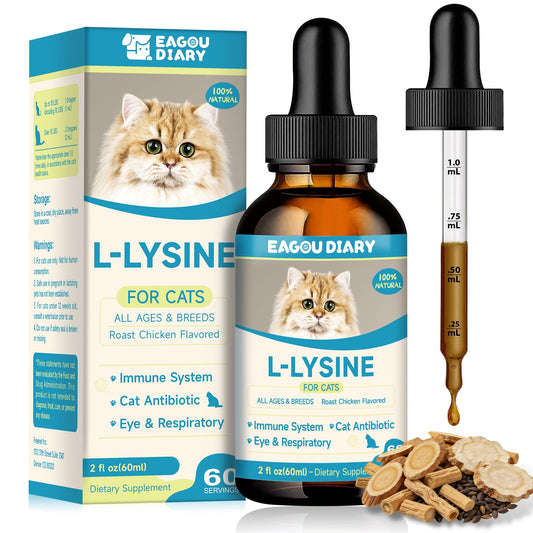 L-Lysine for Cats,Lysine Drops Immune Support Supplement,Sneezing,Cold,Allergy Relief,Runny Nose,Feline Respiratory,Natural Antibiotics for Cats with Colostrum,Taurine Cat(Roast Chicken Flavor/2floz)