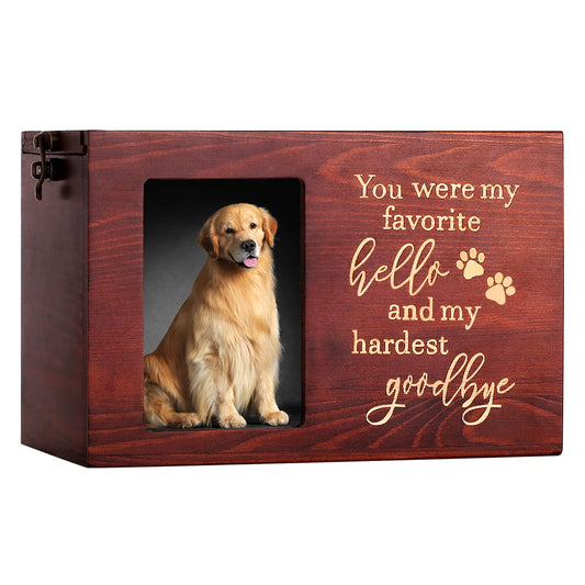 DGDCDV Large Wooden Pet Memorial Urns for Dog or Cat Ashes with Photo Frame, Nature Color, Goodbye Pattern, Polished Finish