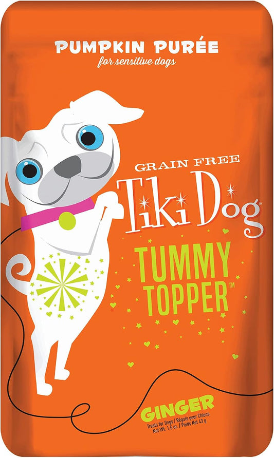 Tiki Dog Single-Serve Tummy Topper, Grain-Free Pumpkin Purée with Ginger for Sensitive Stomachs, 1.5oz Pouches (Pack of 