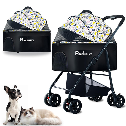 PawLuxe 4 Wheels Pet Stroller 4 in 1 Pet Stroller with Detachable Carrier for Small & Medium Dogs Cats up to 55 lbs Easy-Folding Travel Dog Wagon with Car Seat Breathable Mesh,White Cartoon