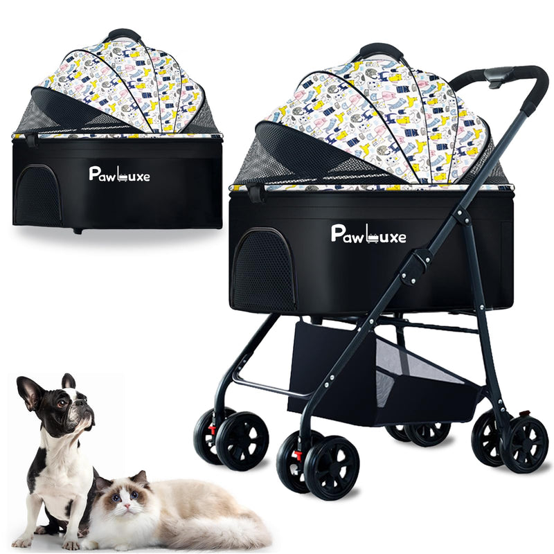 PawLuxe 4 Wheels Pet Stroller 4 in 1 Pet Stroller with Detachable Carrier for Small & Medium Dogs Cats up to 55 lbs Easy-Folding Travel Dog Wagon with Car Seat Breathable Mesh,White Cartoon