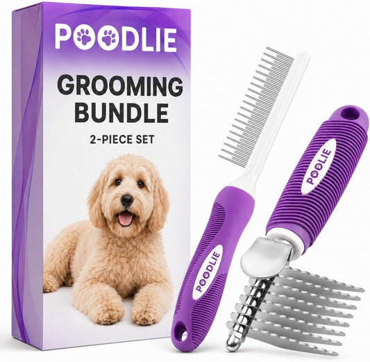 Poodle Pet Bundle - Dematting Fur Rake Comb Brush Tool with Steel Safety Blades and Detangling Pet Comb with Long and Sh