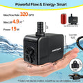320GPH Submersible Water Pump, Fountain Pump for Aquarium & Pond